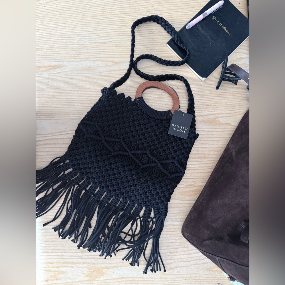 Danielle Nicole Black Crochet Fringe Shoulder Bag - image 1